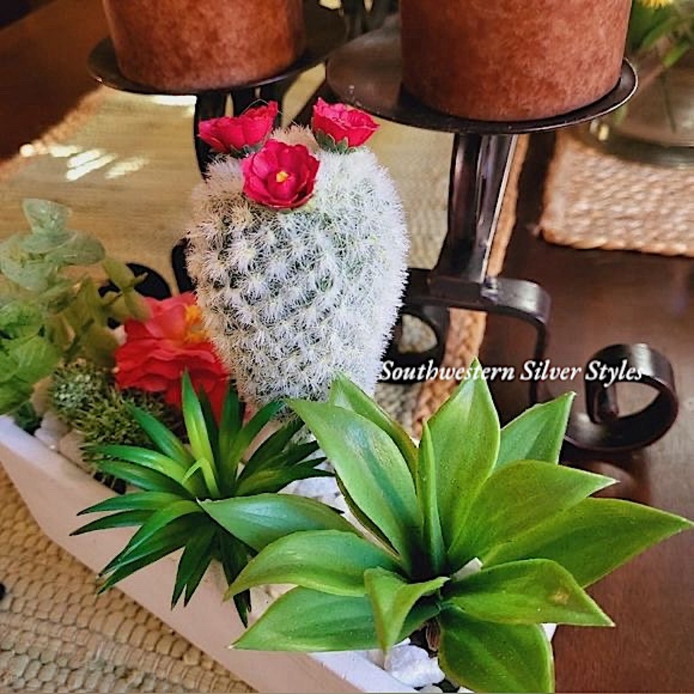 Faux Desert Cactus & Succulent Plant Arrangement In White Planter River Rocks